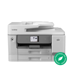 Front view of the Brother MFC-J6975DW A3 inkjet multi-function printer, white body with a grey control panel, colour touchscreen, two paper trays marked 1 and 2 and a green Expanded Polystyrene-Free Packaging badge.