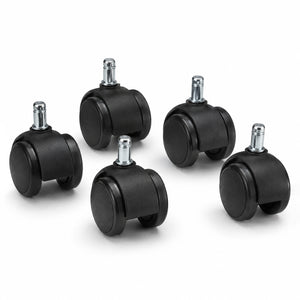 Product view of five Buro 60mm twin wheel office chair castors on a clean white background, clearly displaying the black wheel housings, paired wheels and polished metal mounting stems.