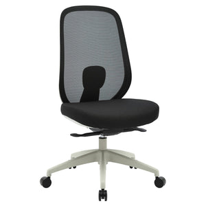 Buro Force chair 799-2-M3 without arms, with a light grey frame and five star base, black mesh back and black seat