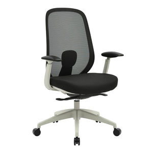 Buro Force chair 799A-2-M3 with height and width adjustable armrests, a light grey frame and base, black mesh back and black seat