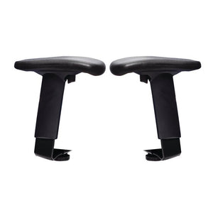 Buro 180-2 height and width adjustable arms, a black left and right arm with padded tops, upright stems and mounting brackets at the base