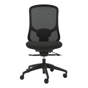 Front view of the Buro Quantum 169-M3 chair without arms, showing the black mesh back, lumbar support and black seat on a five star base