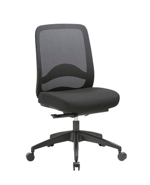 Buro Vela 141-M3 mid back mesh chair in black without arms, showing the mesh back, contoured seat and black nylon five star base