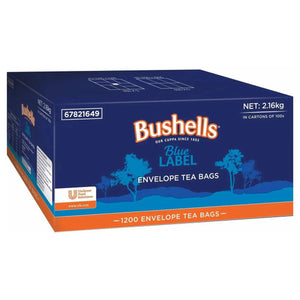 Bushells Blue Label enveloped tea bags bulk pack of 1200, shown in carton packaging