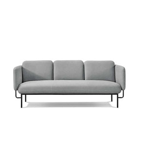 Rapidline Capri three seater lounge in light grey fabric with three back cushions and padded arms on a black steel base.