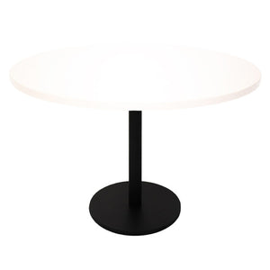 Rapidline Estilo 1200mm round table with a natural white top on a black column and flat disc base, viewed from slightly above