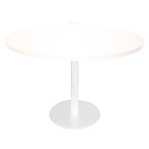 Rapidline Estilo 1200mm round table with a natural white top on a white column and flat disc base, viewed from slightly above