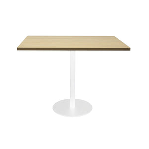 Rapidline Estilo square meeting table with a natural oak top on a white column and flat disc base, shown side on.