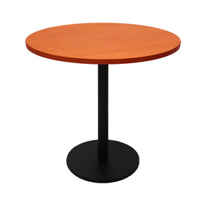 Rapidline Estilo 900mm round table with a cherry top on a black column and flat disc base, viewed from slightly above