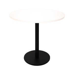 Rapidline Estilo 900mm round table with a natural white top on a black column and flat disc base, viewed from slightly above