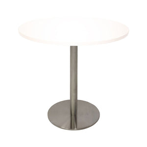 Rapidline Estilo 900mm round table with a natural white top on a stainless steel column and flat disc base, viewed from slightly above