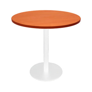 Rapidline Estilo 900mm round table with a cherry top on a white column and flat disc base, viewed from slightly above