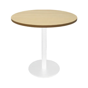 Rapidline Estilo 900mm round table with a natural oak top on a white column and flat disc base, viewed from slightly above