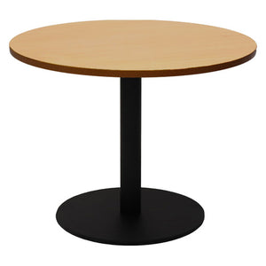 Rapidline Estilo round coffee table with Beech top on a black powdercoat flat disc base, photographed on a white background