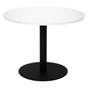 Rapidline Estilo round coffee table with Natural White top on a black powdercoat flat disc base, photographed on a white background