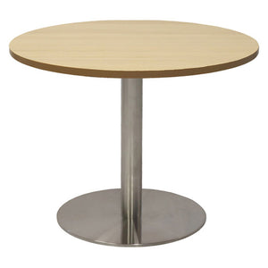 Rapidline Estilo round coffee table with Natural Oak top on a stainless steel flat disc base, photographed on a white background
