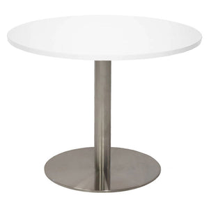 Rapidline Estilo round coffee table with Natural White top on a stainless steel flat disc base, photographed on a white background