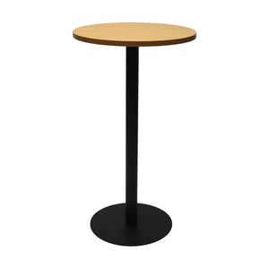Rapidline Estilo round dry bar table with a Beech top on a black powder coat column and flat disc base, front view on a white background