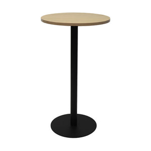 Rapidline Estilo round dry bar table with a Natural Oak top on a black powder coat column and flat disc base, front view on a white background