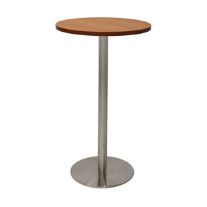 Rapidline Estilo round dry bar table with a Cherry top on a stainless steel column and flat disc base, front view on a white background