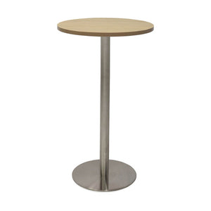 Rapidline Estilo round dry bar table with a Natural Oak top on a stainless steel column and flat disc base, front view on a white background