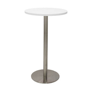 Rapidline Estilo round dry bar table with a Natural White top on a stainless steel column and flat disc base, front view on a white background