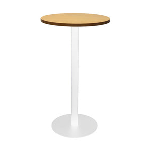 Rapidline Estilo round dry bar table with a Beech top on a white powder coat column and flat disc base, front view on a white background