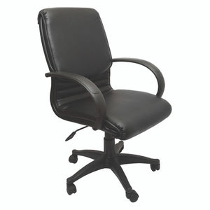 Rapidline CL610 medium back chair in black PU, three quarter view showing the padded back, fixed loop arms and black 5 star base.