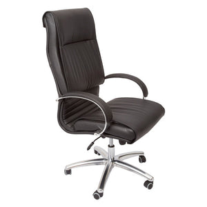 Rapidline CL820 executive chair in black PU, three quarter view showing the tall stitched back, chrome loop arms and chrome base.