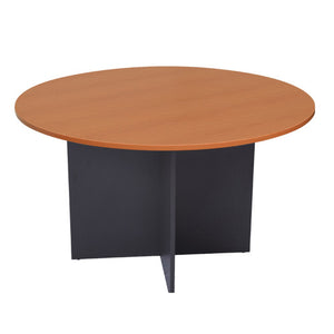 Rapidline Rapid Worker round meeting table 900mm in Cherry / Ironstone: a cherry round top on a dark ironstone cross base, shown on a white background