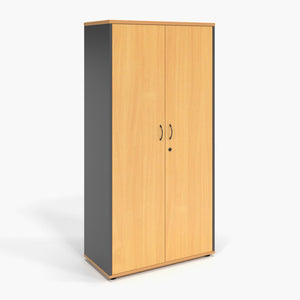 Rapid Worker lockable full door cupboard with Beech doors and an Ironstone carcass, doors closed, shown from the front corner.