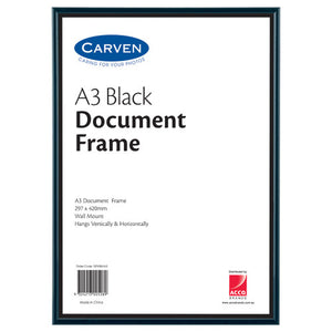 Carven A3 black document frame shown front on, slim black moulding around the insert card reading A3 Black Document Frame, 297 x 420mm