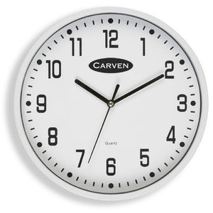 Carven 225mm white analogue wall clock with glass face and clear numbers