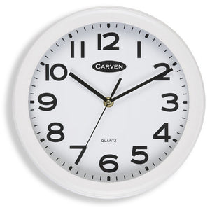 Carven 250mm white round analogue wall clock with glass face and clear number markings