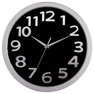 Carven 330mm wall clock with black face and silver rim, silent sweep second hand, glass face