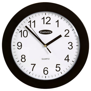 Carven 250mm analogue wall clock with black rim and white face, front view