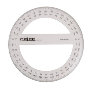 Celco 360 degree clear plastic protractor 15cm showing dual graduation scales and centre indicator
