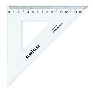 Celco 45 degree clear acrylic set square 26cm with metric scale and bevelled edge on white background
