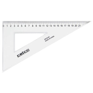 Celco 26cm clear acrylic 60-degree set square showing bevelled edge and metric graduations on white background