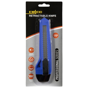 Celco Professional Series retractable knife with an 18mm blade on its card, blue body, black lock slider and icons for blade snapper, home, office and manual lock