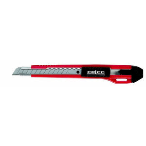 Celco Medium Weight Auto Lock Knife in red with grooved plastic body and 9mm snap-off blade extended