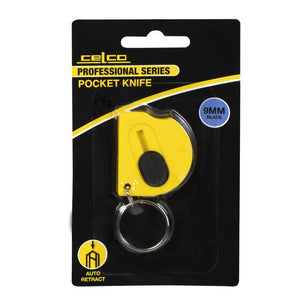 Yellow Celco Professional Series pocket knife with a black thumb grip and split keyring on its black and yellow card, with an auto retract icon