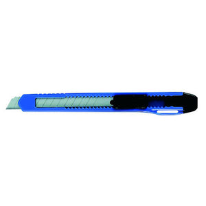 Celco small manual lock knife with grooved plastic body and 9mm blade, front view on white background