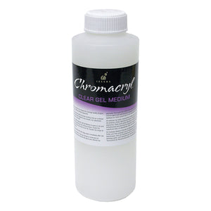 Chroma Chromacryl Clear Gel Medium 500ml: white plastic bottle with white screw cap and black label with a purple Clear Gel Medium band