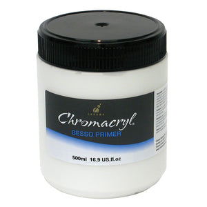 Chroma Chromacryl Gesso 500ml: white jar with black screw lid, Chromacryl Gesso Primer label printed 500ml 16.9 US.fl.oz