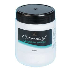 Chroma Chromacryl Impasto Gel Medium 500ml: white jar with black screw lid and teal-banded Chromacryl label printed 500ml