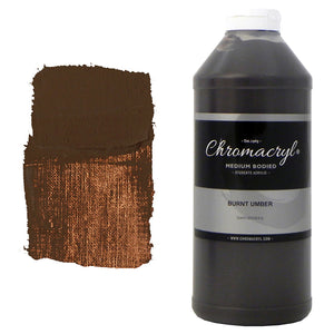 Chroma Chromacryl Student Acrylic Paint 1 Litre Bottle Burnt Umber: bottle with white cap beside a painted swatch of a dark chocolate brown with coppery highlights where thin