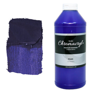Chroma Chromacryl Student Acrylic Paint 1 Litre Bottle Violet: bottle with white cap beside a painted swatch of a deep, blue-leaning purple