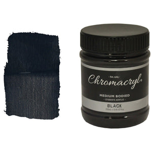 Chroma Chromacryl Student Acrylic Paint 250ml Jar Black: jar beside a brushed swatch of deep charcoal black paint