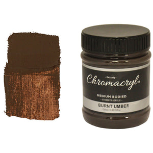 Chroma Chromacryl Student Acrylic Paint 250ml Jar Burnt Umber: jar beside a swatch of dark chocolate brown paint with coppery highlights
